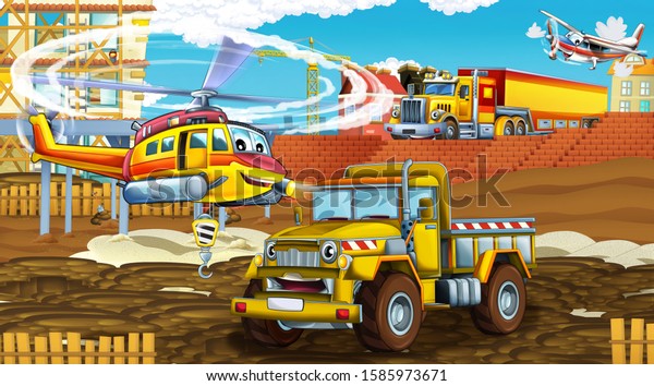 cartoon scene with industry
cars on construction site and flying helicopter - illustration for
children
