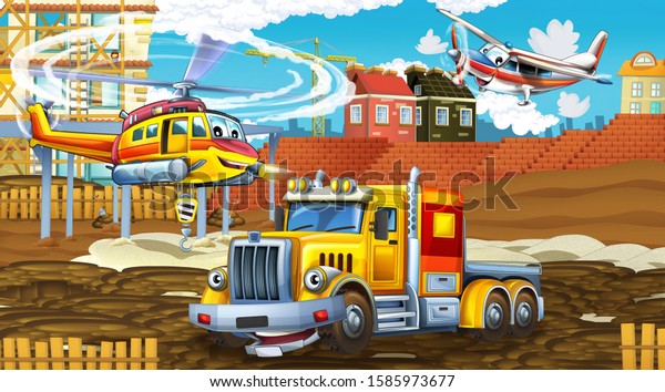 cartoon scene with\
industry cars on construction site and flying helicopter and plane\
- illustration for\
children