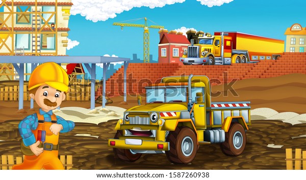 cartoon scene with industry cars on construction\
site - illustration for\
children