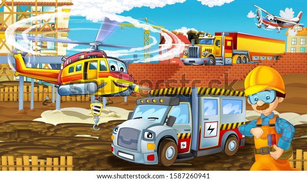 cartoon scene with industry
cars on construction site and flying helicopter - illustration for
children