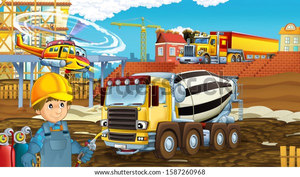 cartoon scene with industry\
cars on construction site and flying helicopter - illustration for\
children