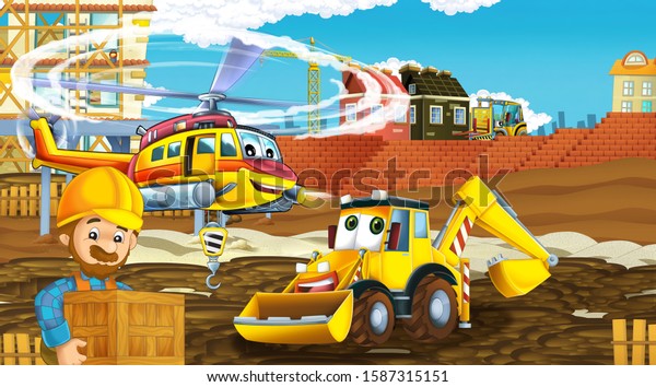cartoon scene with\
industry cars on construction site and flying helicopter and plane\
- illustration for\
children
