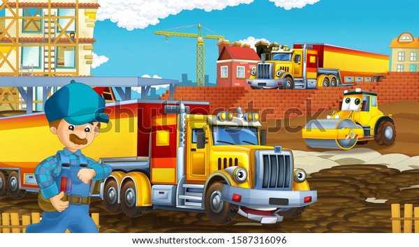 cartoon scene with industry cars on construction
site - illustration for
children