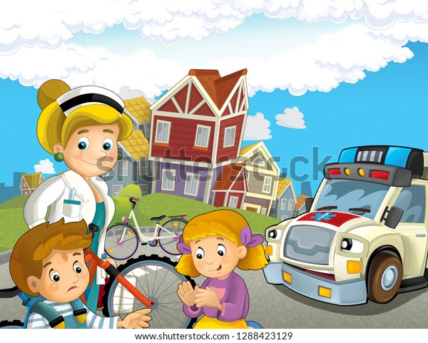 cartoon scene\
with kids after bicycle accident and ambulance and doctor coming to\
help - illustration for\
children