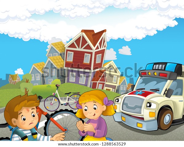 cartoon scene with kids after\
bicycle accident and ambulance coming to help - illustration for\
children