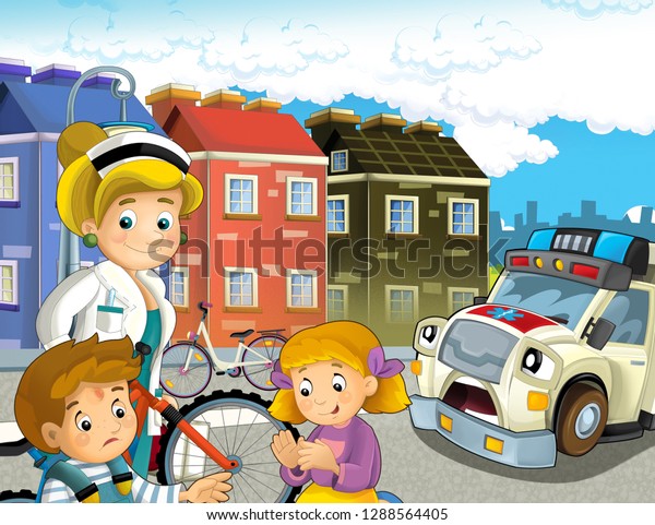 cartoon scene\
with kids after bicycle accident and ambulance and doctor coming to\
help - illustration for\
children