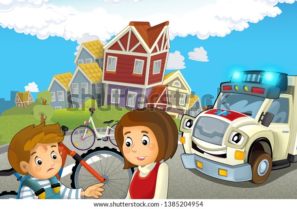 cartoon scene with kids after
bicycle accident and ambulance coming to help - illustration for
children