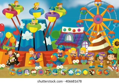 Cartoon Scene Of Kids Playing In The Funfair - Matching Game - Illustration For Children