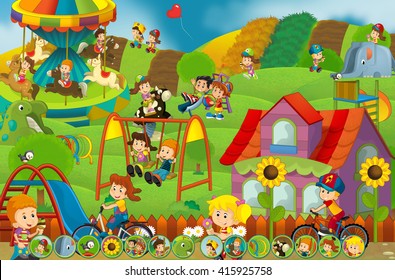 Cartoon Scene Of Kids Playing In The Funfair - Matching Game - Illustration For Children