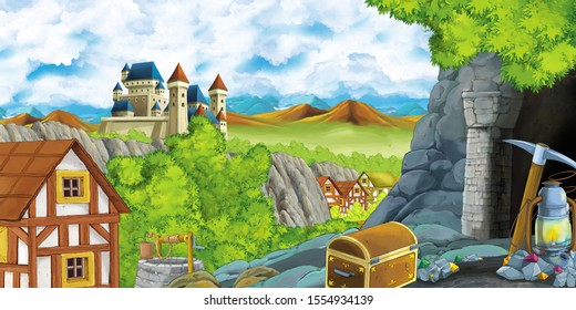 Cartoon Scene With Kingdom Castle And Mountains Valley Near The Forest And Farm Village Settlement And Mining Cave Illustration For Children