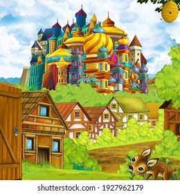 cartoon scene with kingdom castle and mountains valley forest and farm village settlement illustration for children