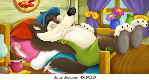 Cartoon scene of a lazy wolf sleeping in a bed - illustration for children - Powered by Shutterstock