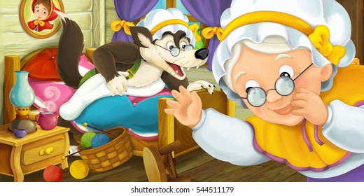 Cartoon scene of a lazy wolf sleeping in a bed while woman is watching - illustration for children - Powered by Shutterstock