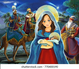 Cartoon scene with Mary and Jesus Christ and traveling kings - illustration for children