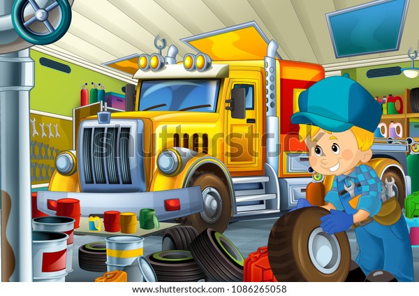 cartoon scene with mechanic\
and big old style truck in the repair garage - illustration for\
children  
