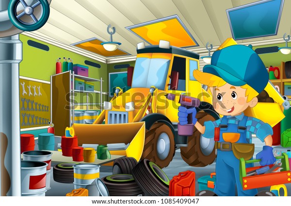 cartoon scene with mechanic\
and excavator in the repair garage - illustration for children \
