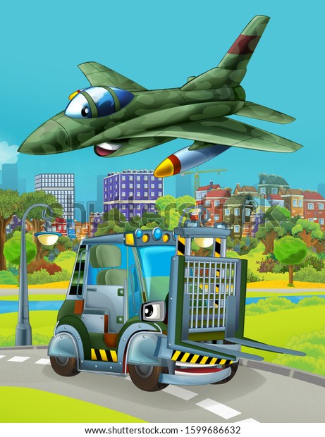 cartoon scene
with military army car vehicle on the road and jet plane flying
over - illustration for
children