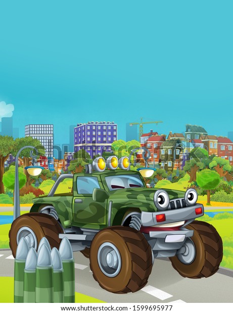 cartoon scene with military army car vehicle on\
the road - illustration for\
children