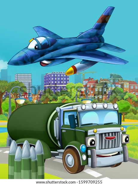 cartoon scene\
with military army car vehicle on the road and jet plane flying\
over - illustration for\
children