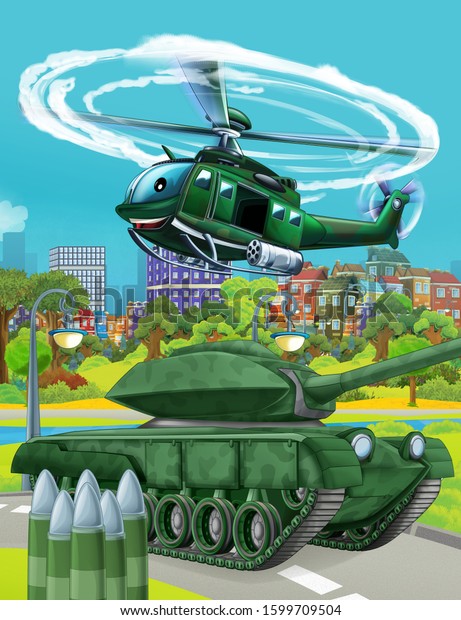 cartoon scene with military army car vehicle\
tank on the road and helicopter flying over - illustration for\
children