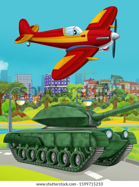 cartoon scene\
with military army car vehicle on the road and fireman plane flying\
over - illustration for\
children