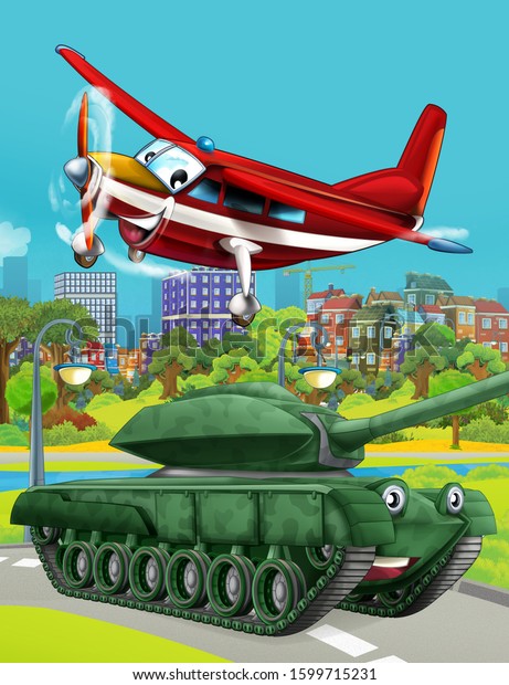 cartoon
scene with military army car vehicle tank on the road and fireman
plane flying over - illustration for
children