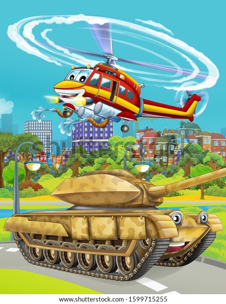cartoon scene with military army car vehicle\
tank on the road and fireman helicopter flying over - illustration\
for children