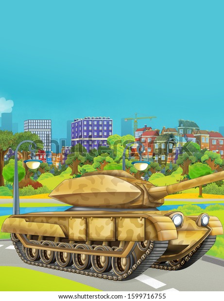 cartoon scene with military\
army car vehicle tank on the road - illustration for\
children