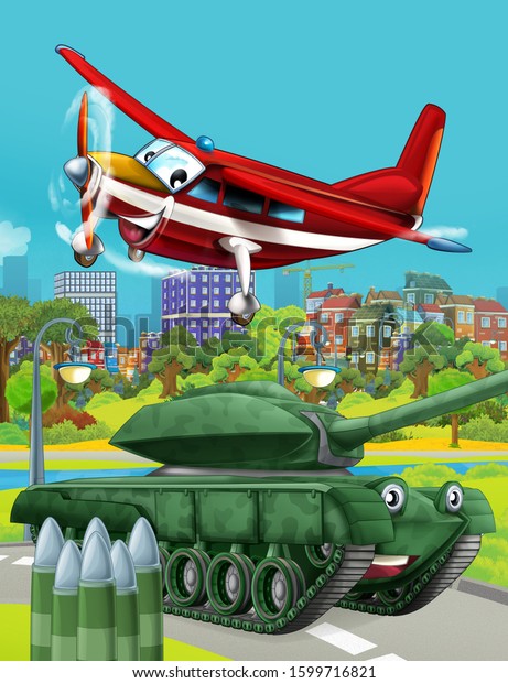 cartoon scene\
with military army car vehicle tank on the road and plane flying\
over - illustration for\
children
