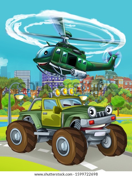 cartoon scene\
with military army car vehicle on the road and helicopter flying\
over - illustration for\
children