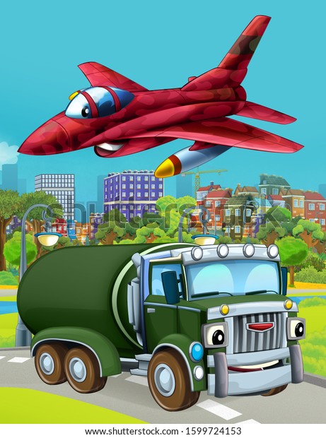 cartoon scene\
with military army car vehicle on the road and jet plane flying\
over - illustration for\
children