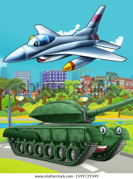 cartoon scene\
with military army car vehicle tank on the road and jet plane\
flying over - illustration for\
children
