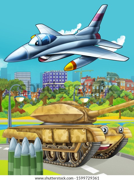 cartoon scene\
with military army car vehicle tank on the road and jet plane\
flying over - illustration for\
children
