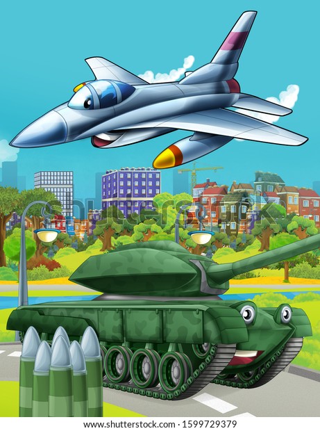 cartoon scene
with military army car vehicle tank on the road and jet plane
flying over - illustration for
children