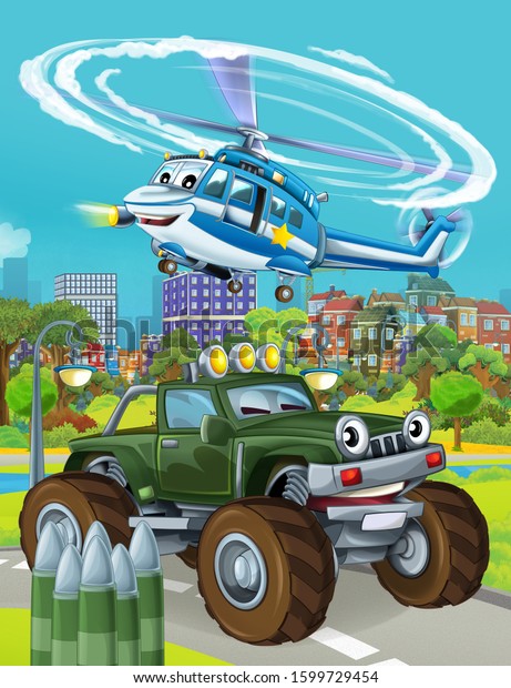 cartoon scene with military army car vehicle on\
the road and police helicopter flying over - illustration for\
children