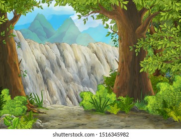 cartoon scene with mountains valley near the forest illustration for children