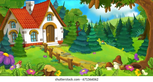 Cartoon Scene Of An Old House In The Forest And Big Castle In The Background