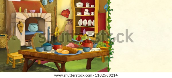 Ilustración De Stock Sobre Cartoon Scene Old Traditional Kitchen Frame 1182588214