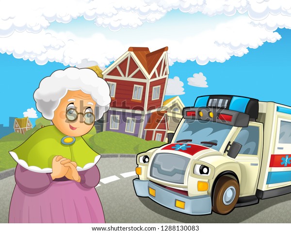 cartoon scene with older lady\
not feeling well and ambulance coming to help - illustration for\
children