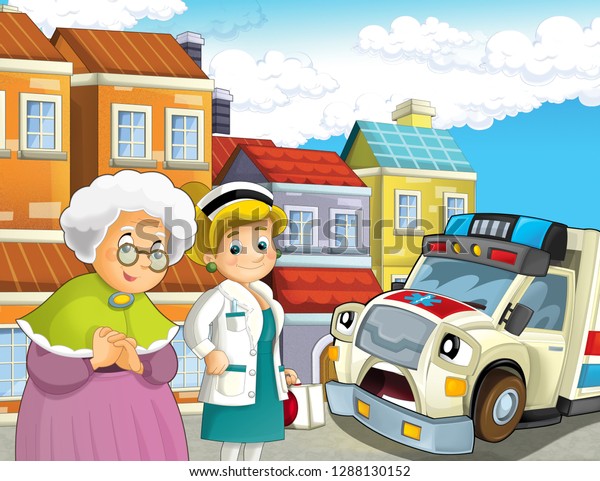 cartoon scene\
with older lady not feeling well and ambulance and doctor coming to\
help - illustration for\
children