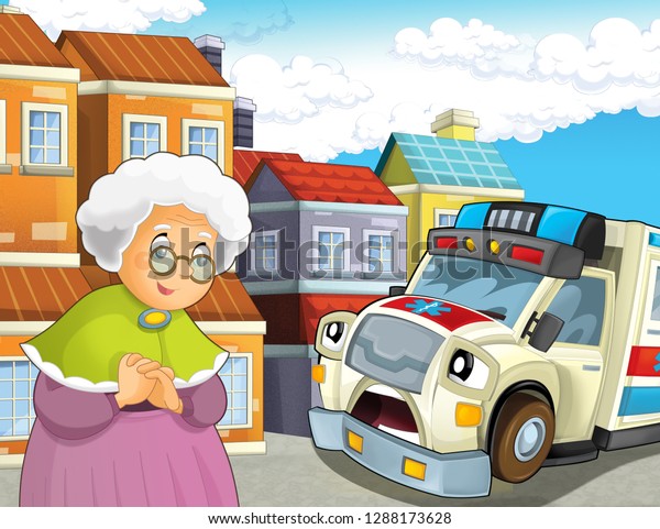 cartoon scene with older lady
not feeling well and ambulance coming to help - illustration for
children