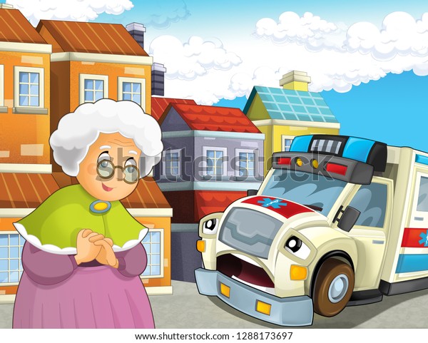 cartoon scene with older lady\
not feeling well and ambulance coming to help - illustration for\
children