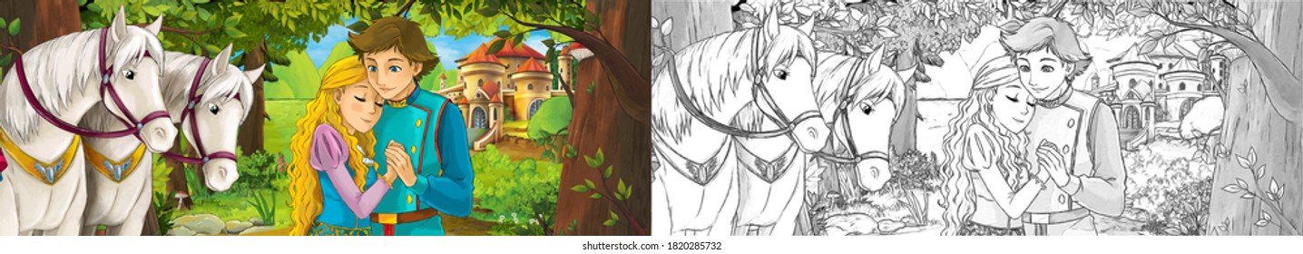 cartoon scene with owl with princess in the forest near castle tower - illustration for children