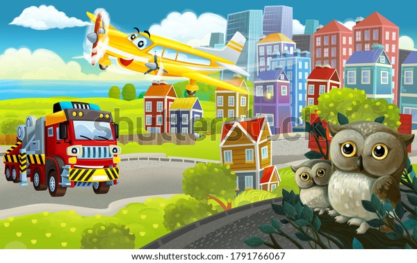 cartoon scene in park near city with plane\
flying and owls illustration for\
children