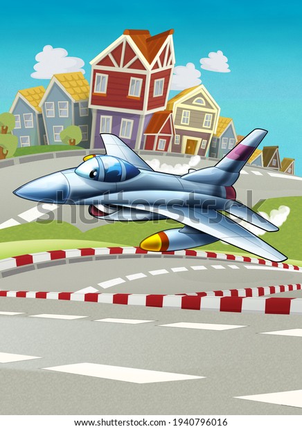 cartoon scene with plane flying in the city -\
illustration for\
children