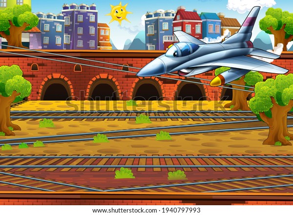 cartoon scene with plane flying in the city -\
illustration for\
children