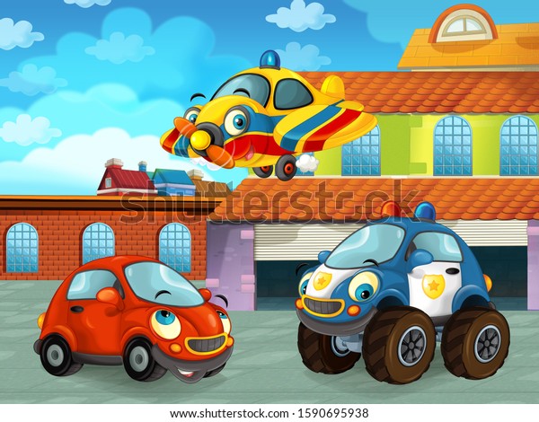 cartoon scene with plane vehicle on the road\
near the garage or repair station and plane flying - illustration\
for children