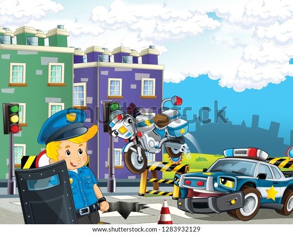 cartoon scene with police car motor and\
policeman on patrol - illustration for\
children