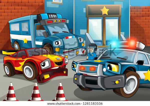 cartoon scene with\
police car and sports car car at city police station and policeman\
- illustration for\
children