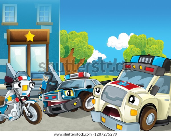 cartoon scene with
police car and sports car car at city police station and ambulance
- illustration for
children